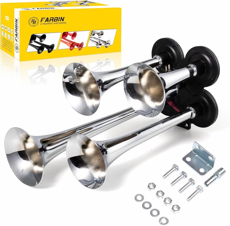 FARBIN Truck Air Horn 178DB 4 Trumpet Train Horn 12V/24V Car Horn for Trucks Super Loud Air Horns with Electric Solenoid Universal for Truck Car Pickup Jeep SUV Train Boat Silver(Silver 4-tube 12/24V) - Image 1